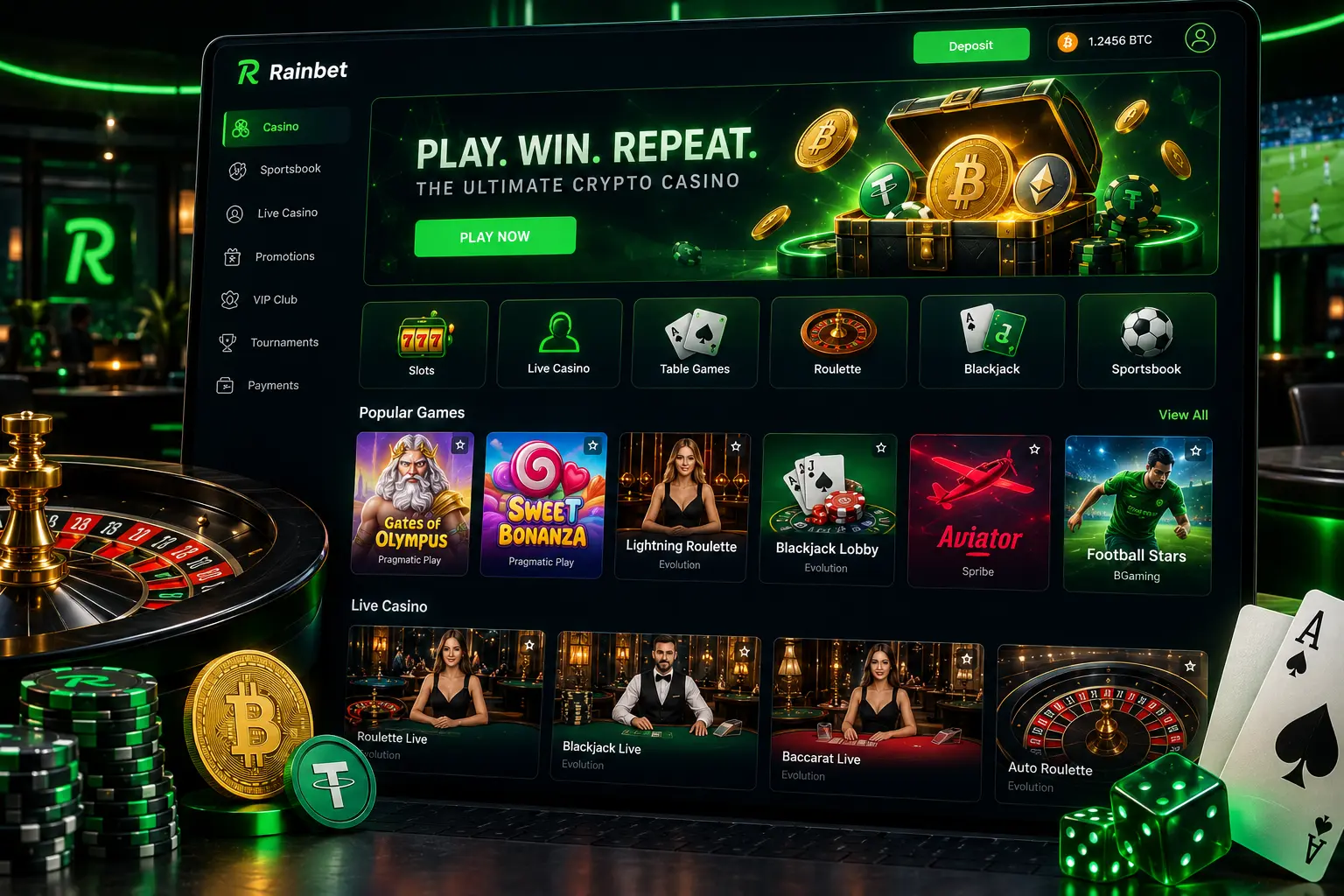 Rainbet casino lobby, slots and table games